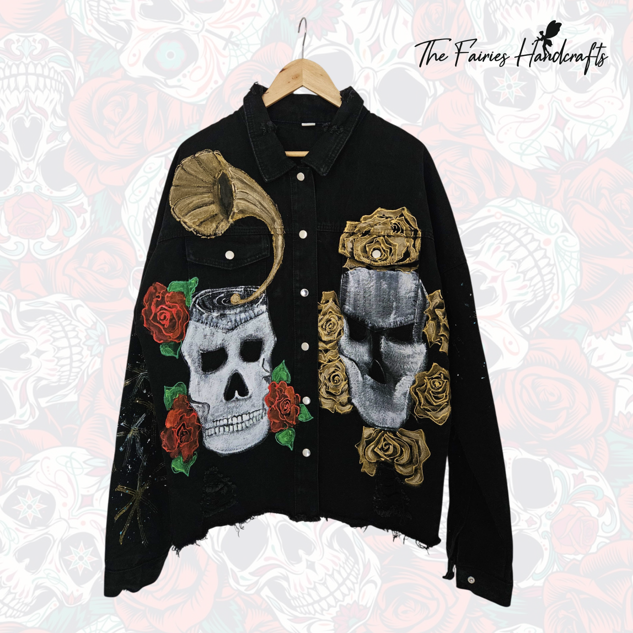 Skull Garden – Hand-Painted Black Denim Jacket