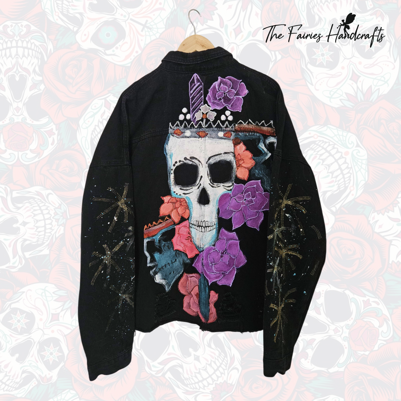 Skull Garden – Hand-Painted Black Denim Jacket