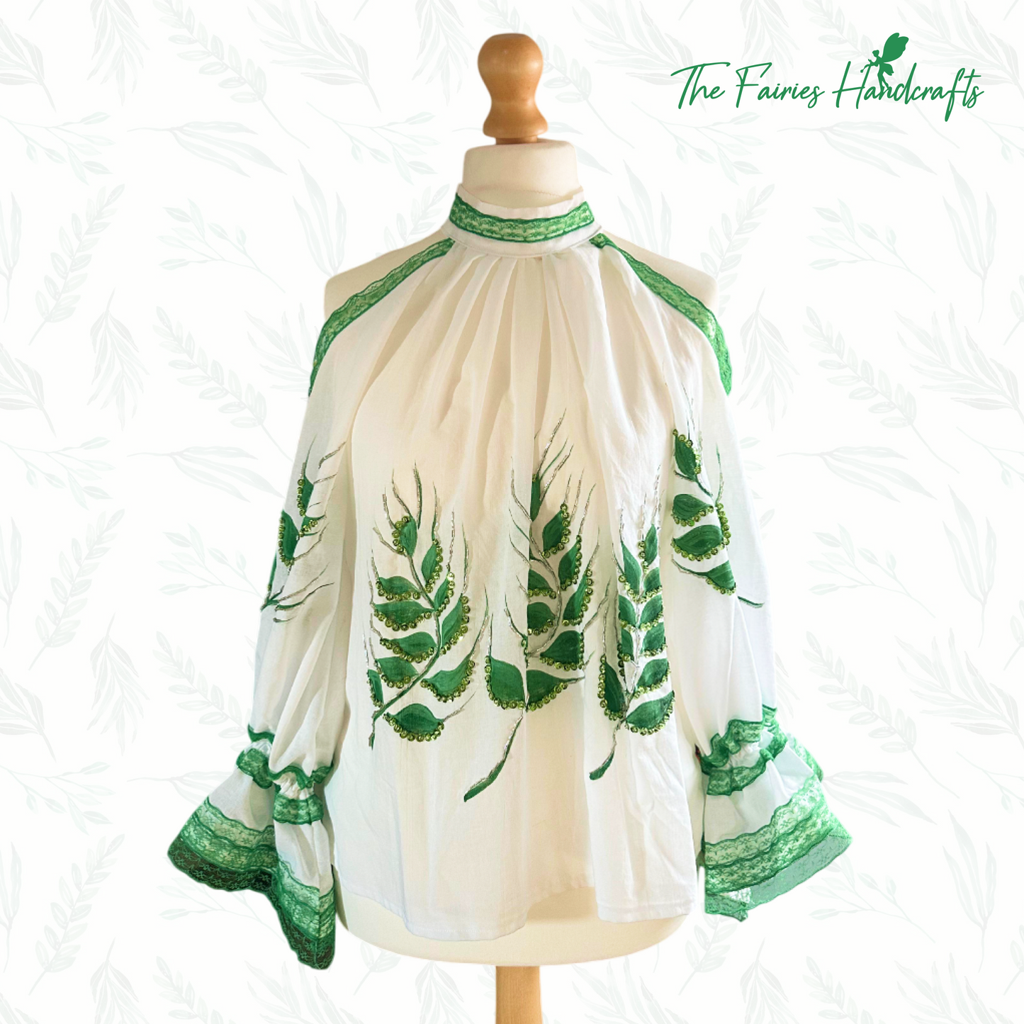 Emerald Wheat Hand-Painted Romanian Ie (Size: M/L)