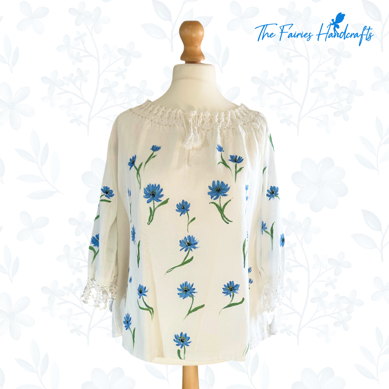 Blue Chicory Hand-Painted Romanian Ie (Size: M/L)