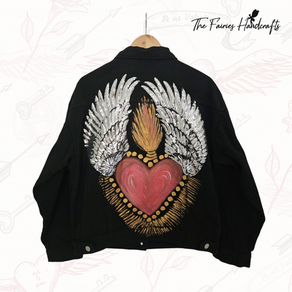 Sacred Heart – Embellished and Hand-Painted Black Denim Jacket