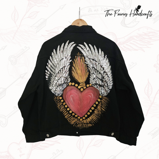 Sacred Heart – Embellished and Hand-Painted Black Denim Jacket