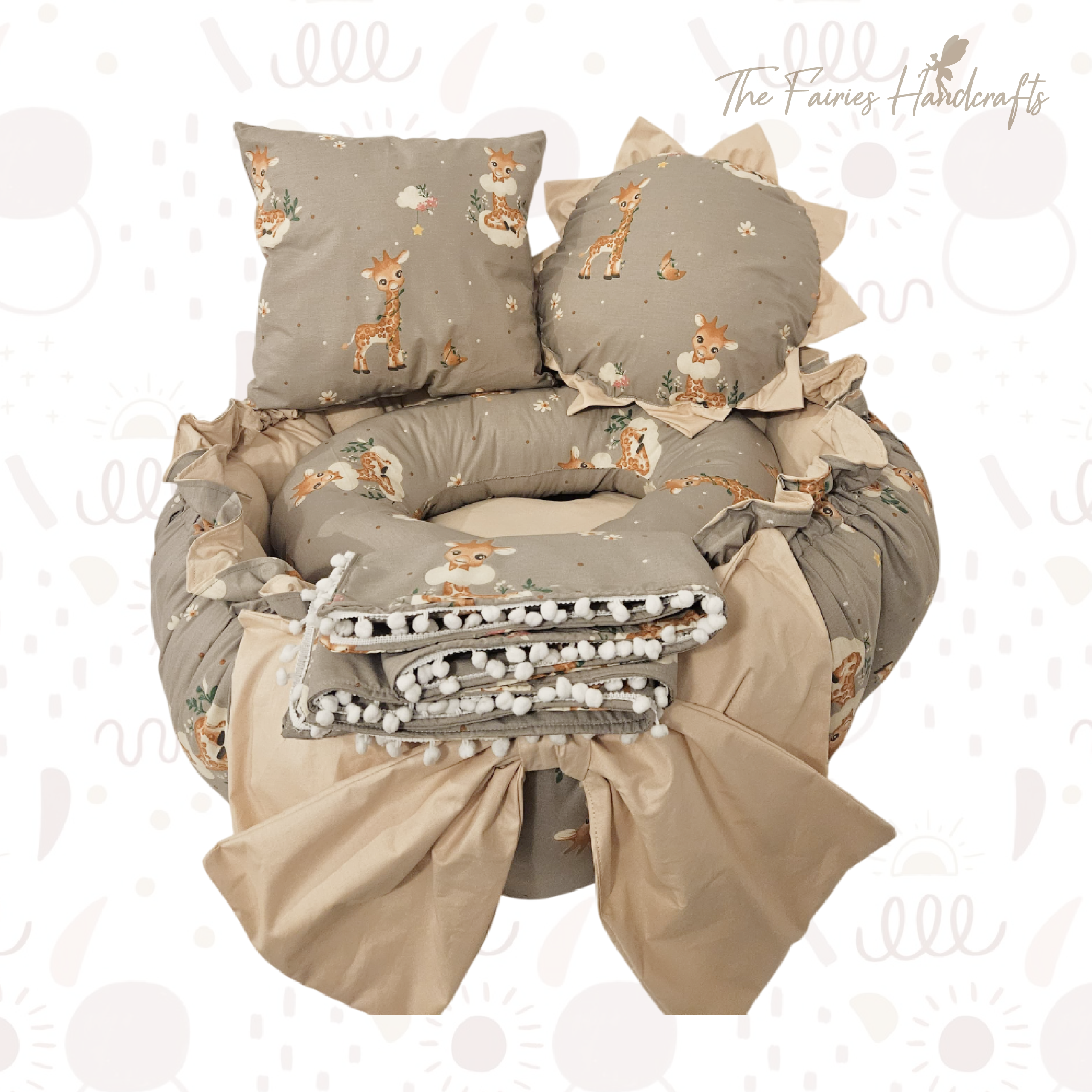 Custom-Made 100% Cotton Baby Nest Set (Grey Giraffe Print/Beige)