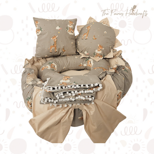 Custom-Made 100% Cotton Baby Nest Set (Grey Giraffe Print/Beige)