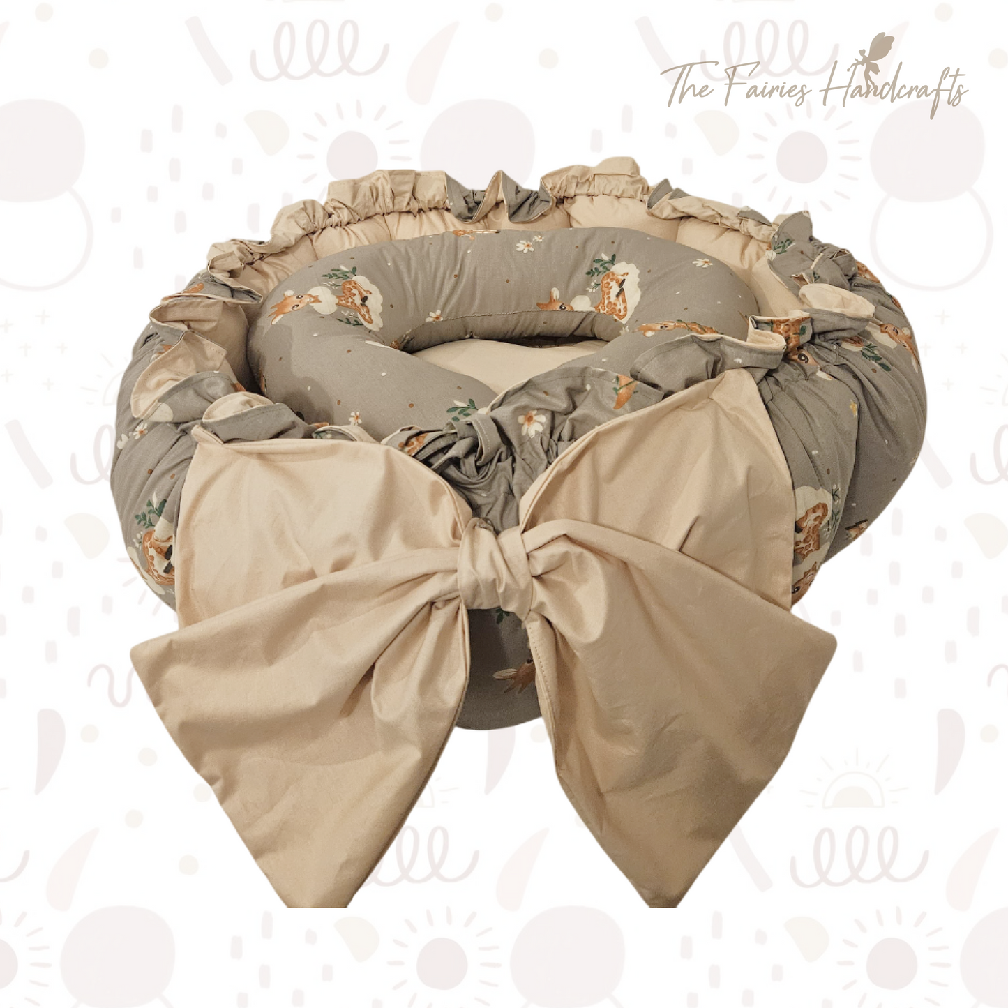 Custom-Made 100% Cotton Baby Nest Set (Grey Giraffe Print/Beige)