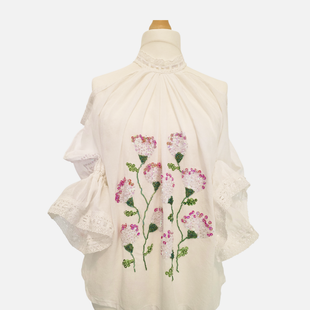 Blossom Elegance Hand-Embroidered Romanian Ie (Size M/L)