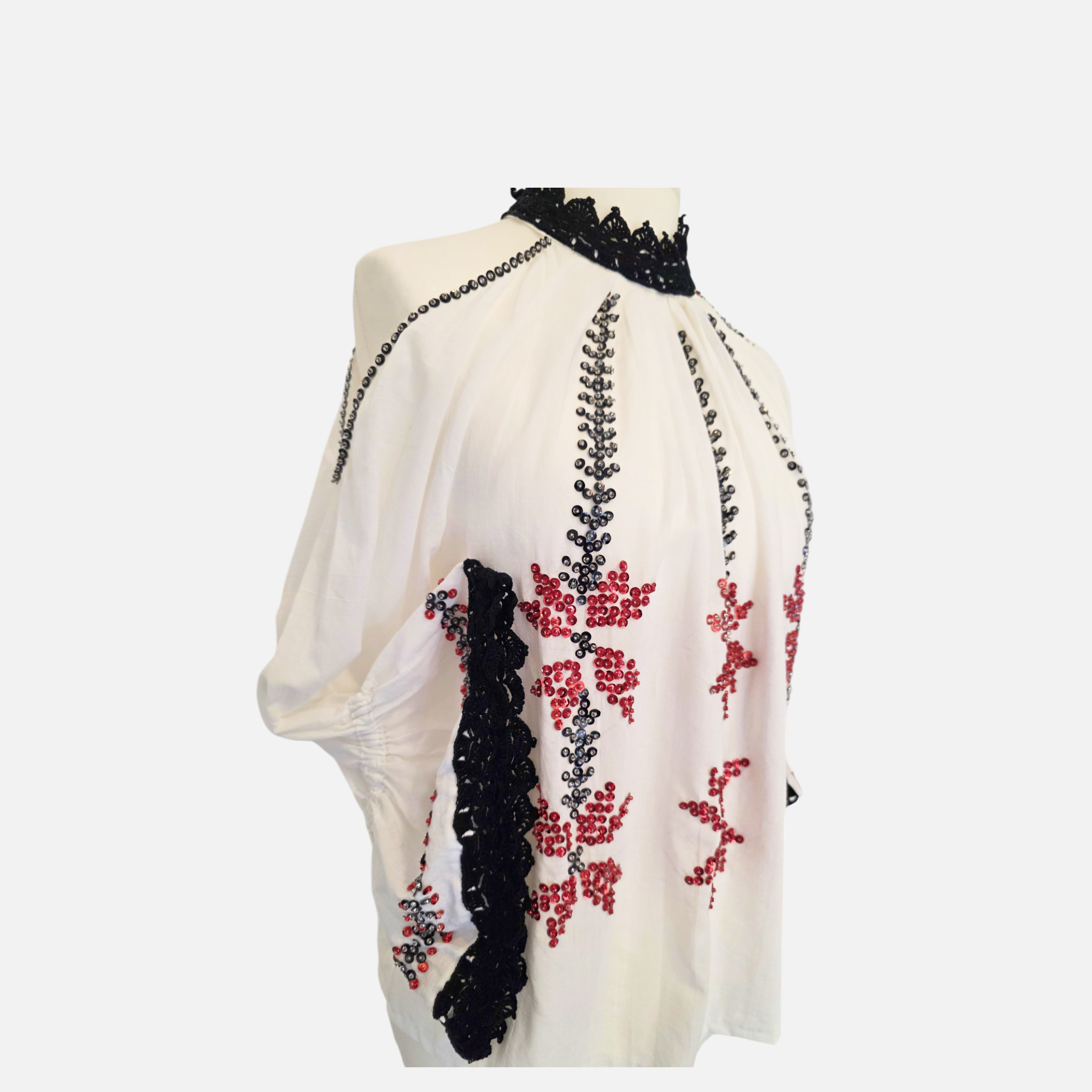 Midnight Elegance Hand-Embellished Romanian Ie (Size M/L)