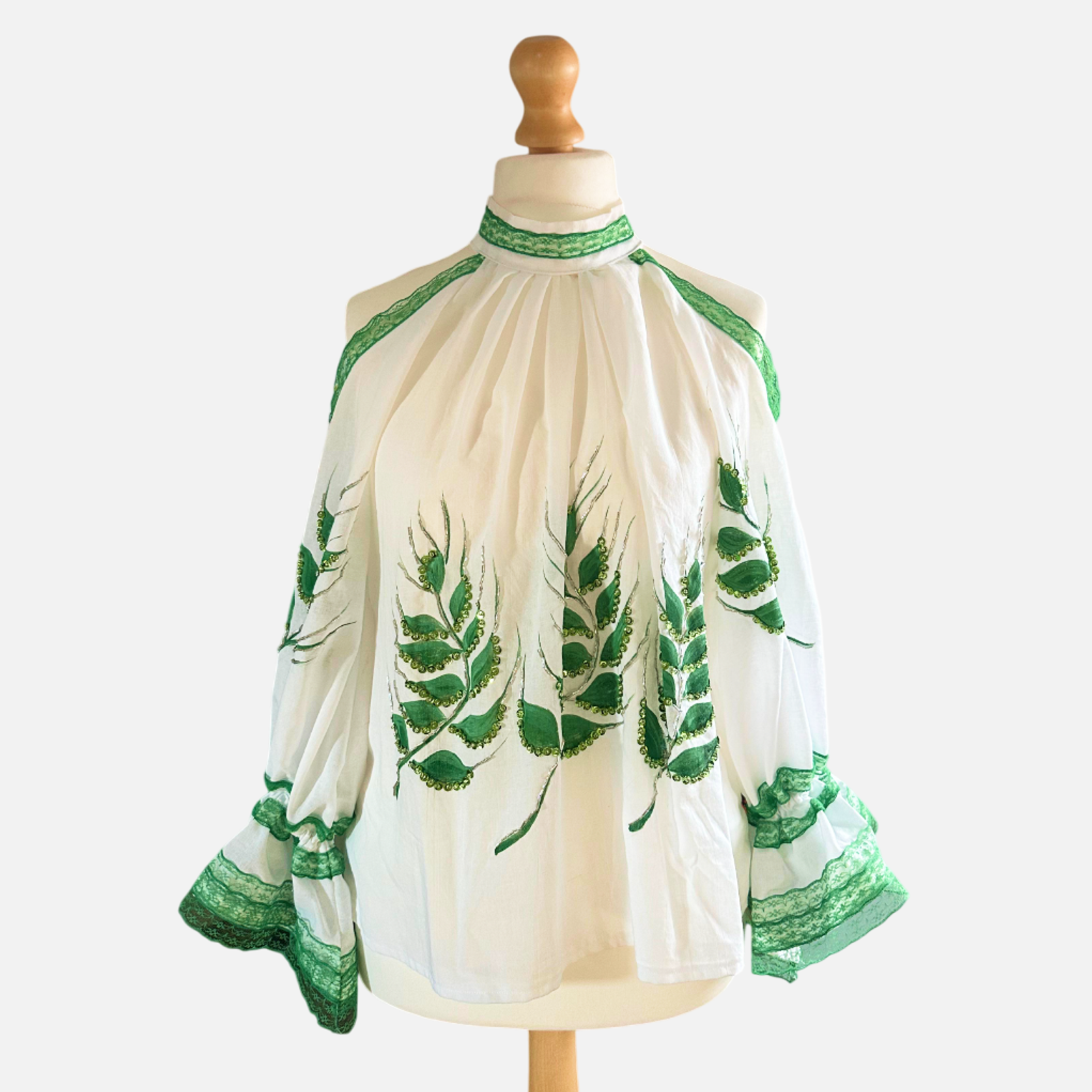 Emerald Wheat Hand-Painted Romanian Ie (Size: M/L)