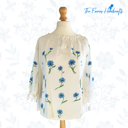 Blue Chicory Hand-Painted Romanian Ie (Size: M/L)