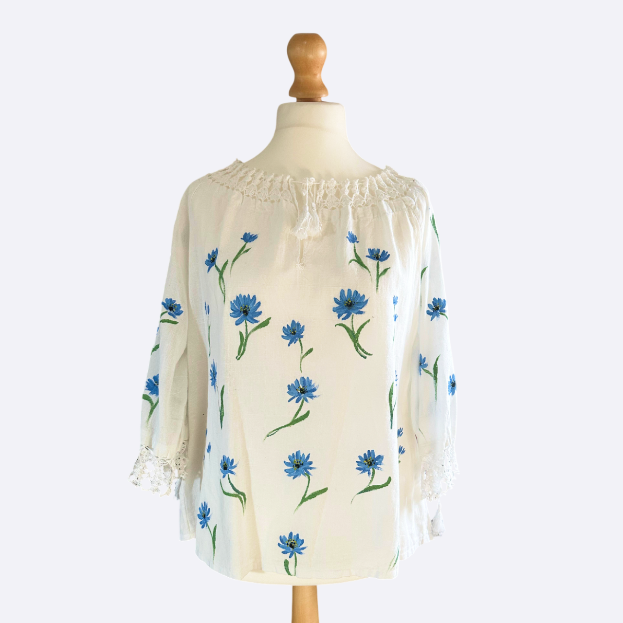 Blue Chicory Hand-Painted Romanian Ie (Size: M/L)