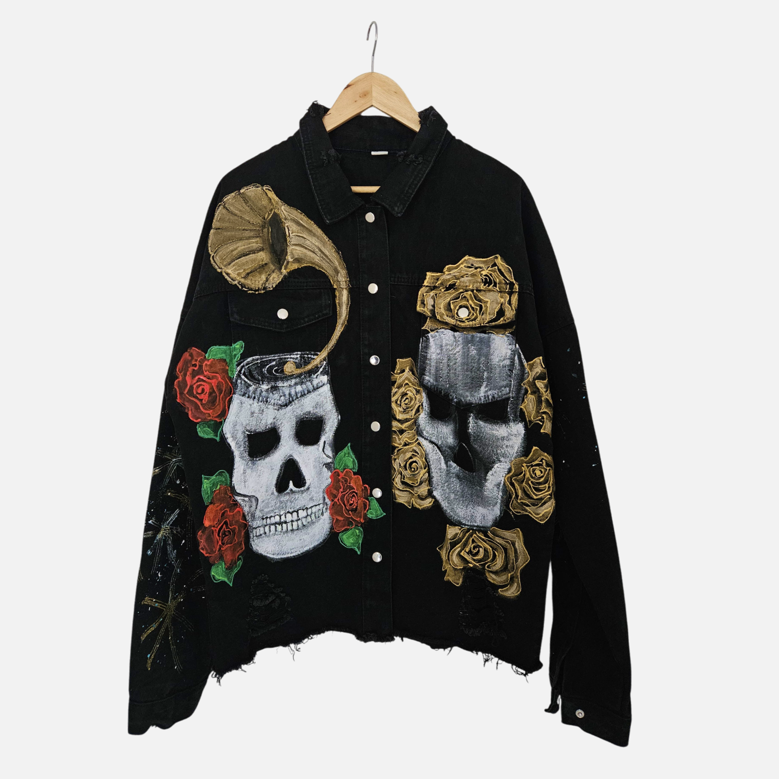 Skull Garden – Hand-Painted Black Denim Jacket
