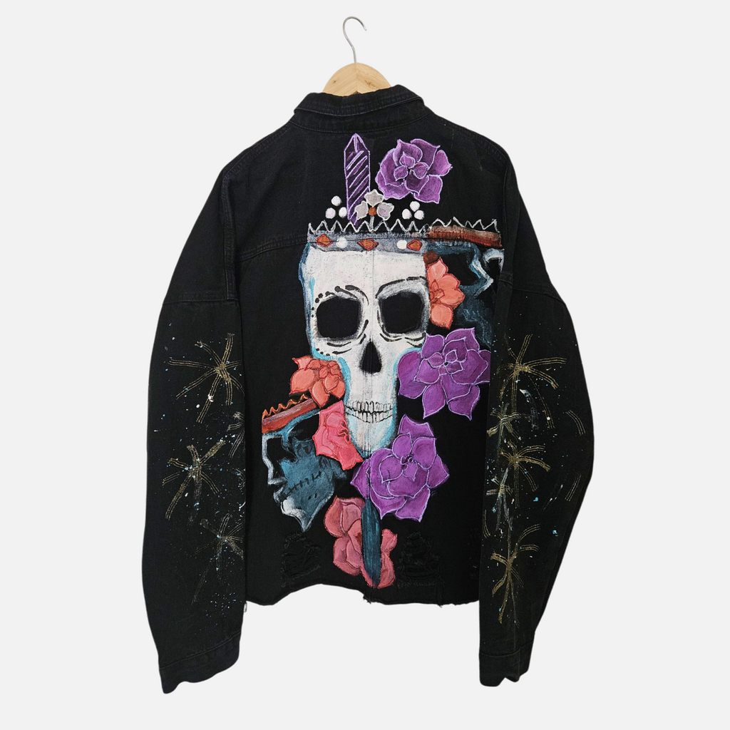 Skull Garden – Hand-Painted Black Denim Jacket