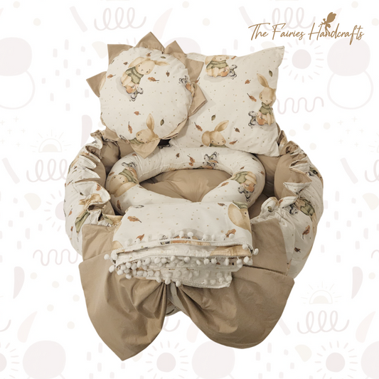 Custom-Made 100% Cotton Baby Nest Set (Cream Bunny Print/Beige)