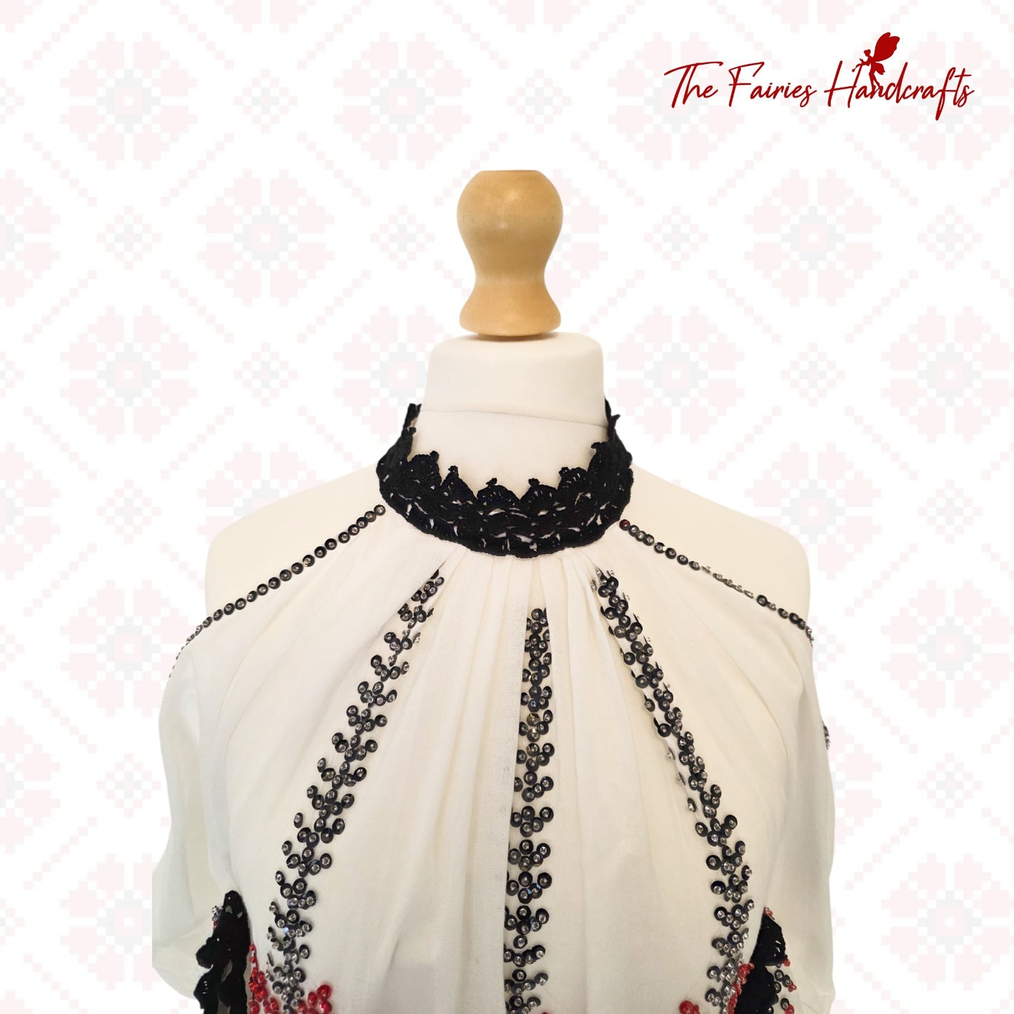 Midnight Elegance Hand-Embellished Romanian Ie (Size M/L)