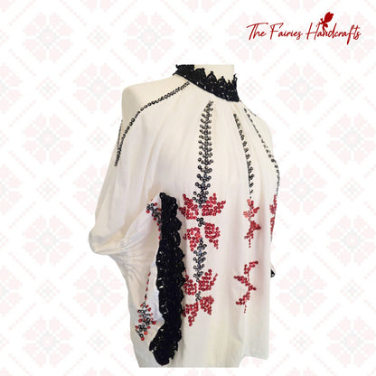 Midnight Elegance Hand-Embellished Romanian Ie (Size M/L)