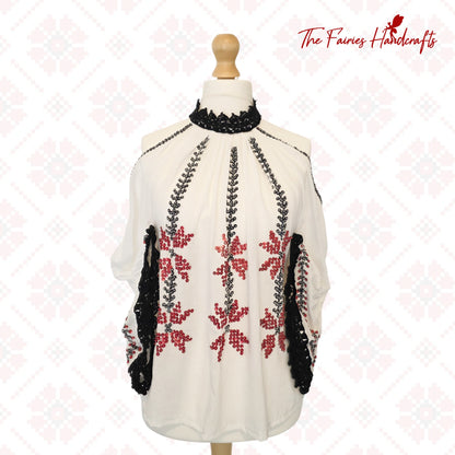 Midnight Elegance Hand-Embellished Romanian Ie (Size M/L)